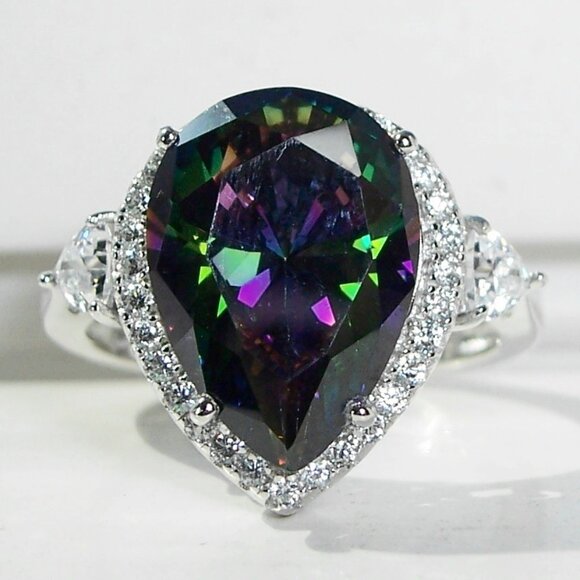 Jewelry - 925 Sterling Silver Simulated Mystic Rainbow Topaz CZ Pear Cut Halo Ring